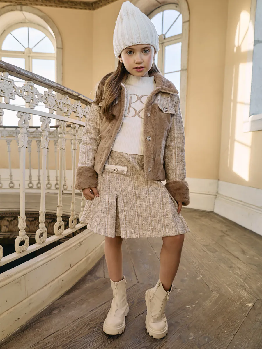 PATACHOU PLEATED BEIGE TWEED SKIRT