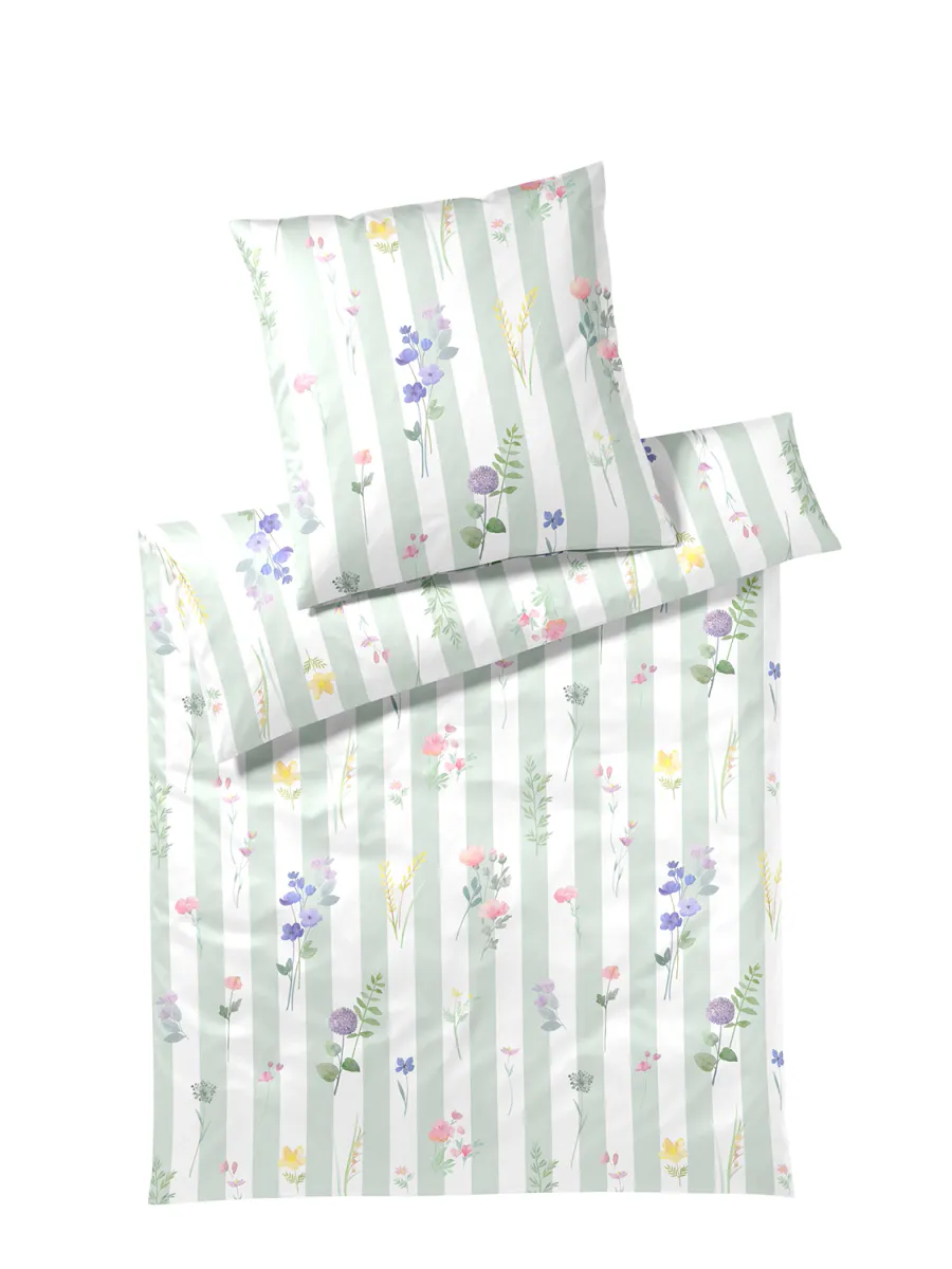 ELEGANTE FLOWERSTRIPE SENGETØY - SOFT GREEN